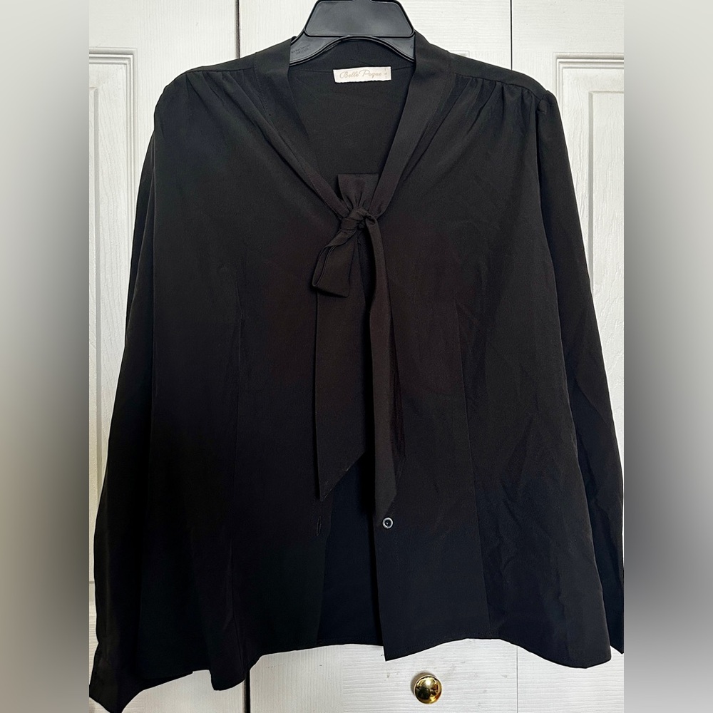 Women's Vintage Bow Tie Shirt Top Long Sleeve V Neck Work Shirt